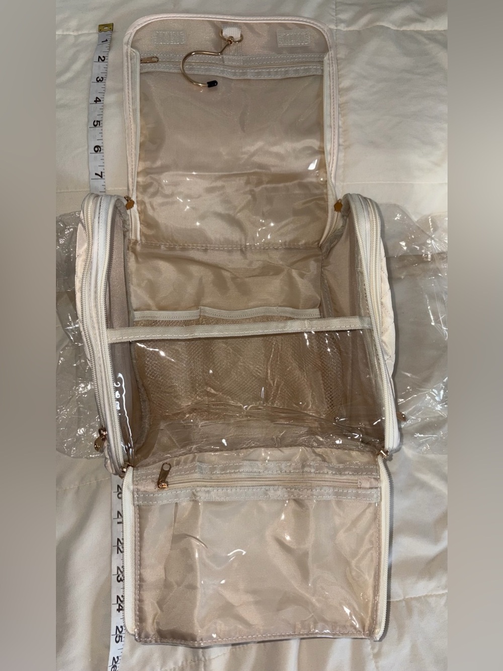 Beige Travel Cosmetic Organizer Bag with Clear Compartments